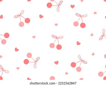 Seamless pattern with cherry fruit and red hearts on white background vector illustration.