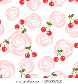 Seamless pattern with cherry fruit and rose flower on white background vector illustration.