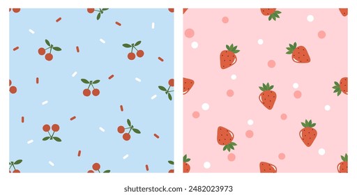 Seamless pattern of cherry fruit and strawberry with green leaves on blue and pink backgrounds vector. Cute fruit print.