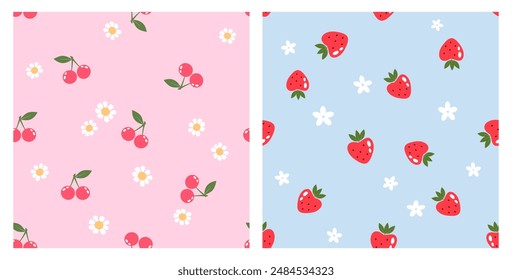 Seamless pattern of cherry fruit, strawberry and cute flower on pink and blue backgrounds vector. Cute fruit prints.