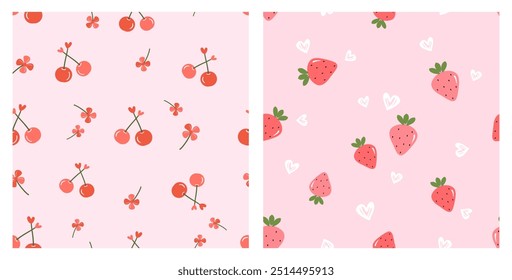 Seamless pattern with cherry fruit and strawberry on pink backgrounds vector.