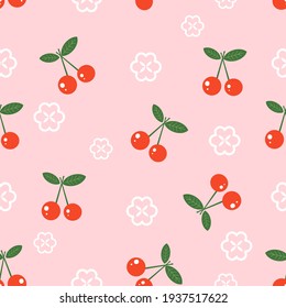 Seamless pattern with cherry fruit and white Sakura flower on pink background vector illustration. 