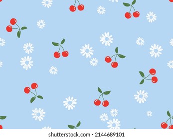 Seamless pattern with cherry fruit and white slower on blue background vector illustration.