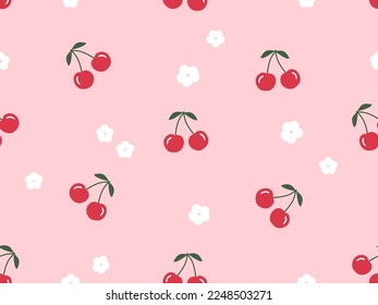 Seamless pattern with cherry fruit and white flower on pink background vector illustration.