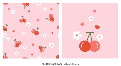 Seamless pattern with cherry fruit, white flower and mini hearts on pink background vector. Cherry, white flower and heart icon sign. 