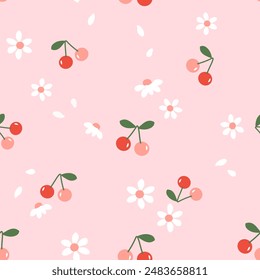 Patrón sin fisuras con la fruta de cereza y la flor blanca en el Vector de fondo rosa. Lindo estampado de frutas.