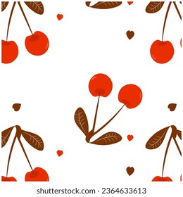 Seamless pattern of cherry fruits with leaves on a white background vector illustration. Cute cartoon fruit pattern, flat design for fashion print.