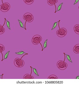 Seamless pattern of cherry fruits on a pink background