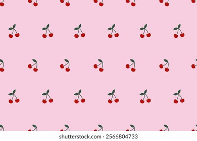 Seamless pattern with cherry fruits on pink background. Fashion design. Editable vector illustration for wrapping paper, packaging, fabric, wallpaper, backgrounds, web design, phone case. Cute cherry