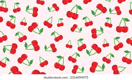 Seamless pattern of cherry and green leaf on pink background. Vector illustration.