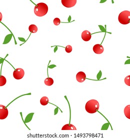 Seamless pattern of cherry with green leaves on white background, fresh fruit vector illustration