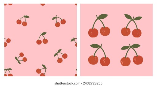 Seamless pattern of cherry with green leaves on pink background. Cherry icon set vector.