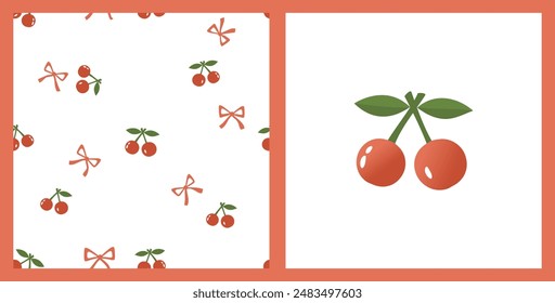 Seamless pattern of cherry with green leaves and ribbon bow on white background. Cherry with green leaves isolated on white background vector.