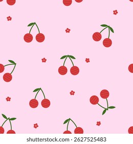 Patrón sin fisuras de cereza con hojas verdes y Pequeña flor sobre Vector de fondo rosa.