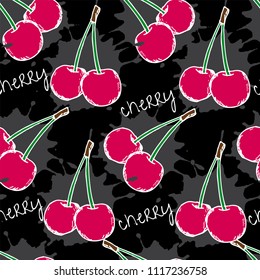 Seamless pattern cherry, hand drawn elements, vector illustration