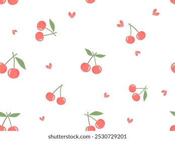 Seamless pattern with cherry and hand drawn hearts on white background vector.
