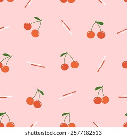 Seamless pattern with cherry and hand drawn line on pink background vector.
