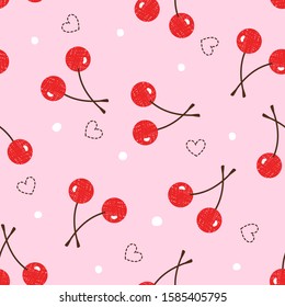Seamless pattern of cherry and heart on pink background vector illustration.