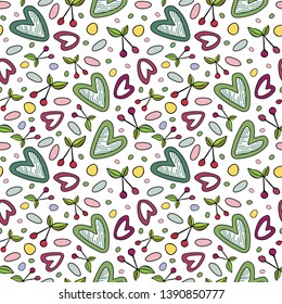 Seamless pattern with cherry and heart romantic elements.Multicolor graphic on the transparent background. Endless texture for season summer design