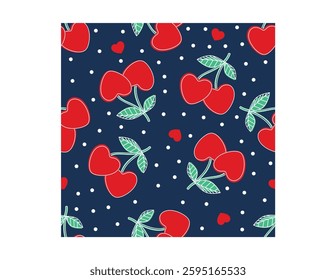 Seamless Pattern Cherry with hearts and dots. Cherry heart. Vector illustration design for fashion graphics