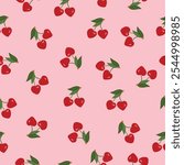 Seamless pattern cherry hearts on pink background. Red cherries with Green leaves.