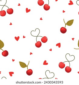 Patrón sin fisuras con cereza y corazones sobre fondo blanco, patrón de amor. Ilustración vectorial.