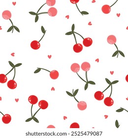 Seamless pattern with cherry and hearts on white background.