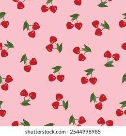 Seamless pattern cherry hearts on pink background. Red cherries with Green leaves.