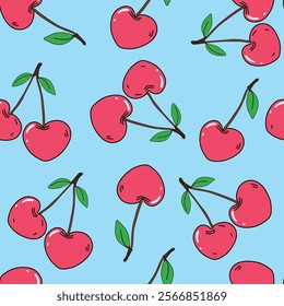 Seamless pattern cherry hearts on a blue background, for printing on fabric, clothes, paper