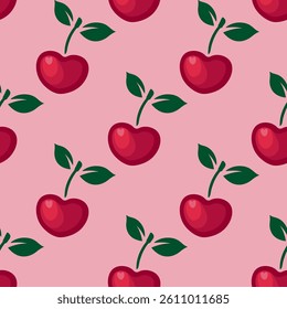 Seamless pattern with cherry hearts on a pink background for Valentines Day. Cute heart shaped cherries background in cartoon style. Pattern with cherries for a wrapping paper, textile prints, etc.