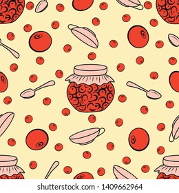 
Seamless pattern. Cherry jam. On a beige background image of cans with cherry jam, cherries, spoons and cups. Vector illustration.