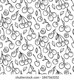 Seamless pattern with Cherry and leaves. Graphic hand drawn engraving style. Doodle illustration for packaging, menu cards, posters, prints.