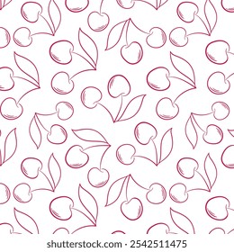 Modelo inconsútil con la cereza y las hojas en estilo del arte de la línea en un fondo rosado. Diseño para embalaje, papel de embalaje, textil.