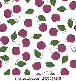 Seamless pattern with cherry and leaves on a white background.