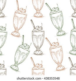 Seamless pattern cherry milkshake scetch. Sketched fast food vector illustration. Background with drink for cafe, restaurant, eatery, diner, website or take away bag design