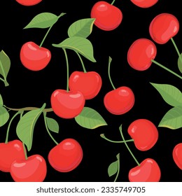 Seamless pattern with cherry on a black background. Flat style vector illustration for summer stylish design, wallpapers, packaging, textiles, fabrics.