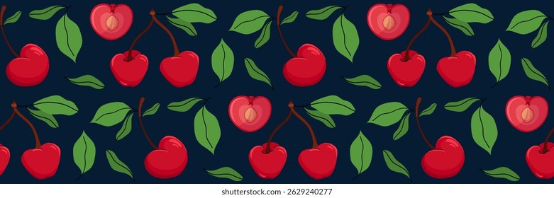 Seamless pattern with cherry on dark background. Whole berry and sliced in half showing pit. Spring garden background with foliage. Perfect for textile, menu, packaging, recipe. Vector illustration.