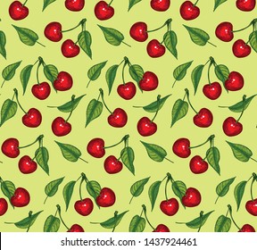 Seamless pattern cherry on green background. Vector hand-drawn illustration