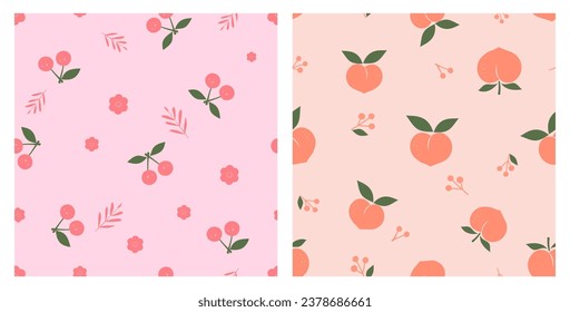 Seamless pattern with cherry on pink background and peach on orange background vector illustration. Cute fruit print.