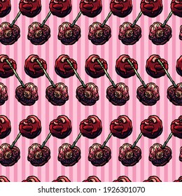Seamless pattern of cherry on striped background, cartoon style, pink, vertical, red, nature, organic, natural, berry, shop, gastronomy, eat, meal, eating, food, seamless, backdrop, summer, ossicle