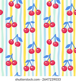 Seamless pattern with a cherry on a striped background. Vector summer simple flat illustration.