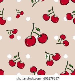Seamless pattern with cherry on white Polka Dot beige color background .Hand drawn Doodle style.vector illustration