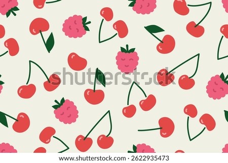 seamless pattern with cherry and raspberry fruits, perfect for summer-themed apparel, home decor, packaging, stationery items and and greeting cards - vector illustration
