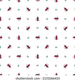 Seamless pattern with cherry red berry in metal bowl and flowers. Sweet print of tasty food and snack on white background. Vector flat illustration