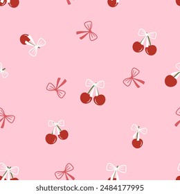 Seamless pattern with cherry and ribbon bow on pink background vector.