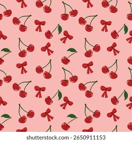 Seamless pattern with cherry and ribbon bow  background vector illustration.