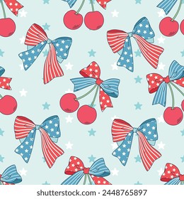 Patrón sin costuras de cereza con cinta, Esta ilustración tiene un tema del Día de la Independencia Americana. Patrón para tela y papel de envoltura, Fondo de pantalla de diseño y estampados de moda.