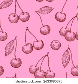 Patrón sin fisuras con cereza en estilo monocromo dibujado a mano incompleto. Ilustración vectorial.