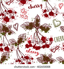 Seamless pattern with cherry and splashes in watercolor style. Vintage colorful hand drawn vector illustration