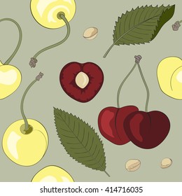 Seamless pattern with cherry and cherry stone, vector illustration